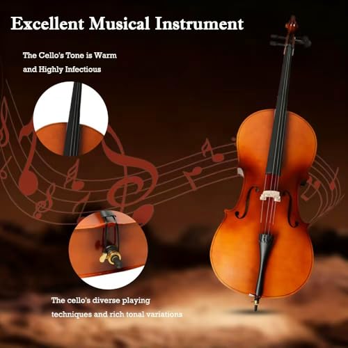 EMILOREY 4/4 Acoustic Full Size Cello Set with Portable Bag, Bow, Rosin, Stand,Cello Kit for Adults,Beginners, String Musical Instruments Natural Color