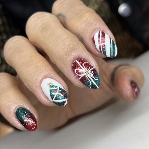 Christmas Press on Nails Winter Short Oval Fake Nails Green Red Glitter Design Acrylic False Nails with Xmas Tree Stripes Designs Cute Glossy Stick on Nail Reusable Glue on Nails for Women 24Pcs