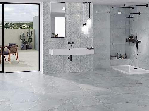 Image of Arkit Floor Tiles | 3D Vinyl Wall Floor Tiles Stickers | Floor Sticker | Kitchen Bathroom Self-Adhesive PVC Waterproof Wall Floor Tile | Wall Sticker, Wall Decor | Wallpaper for Walls (White-Blue, 10)