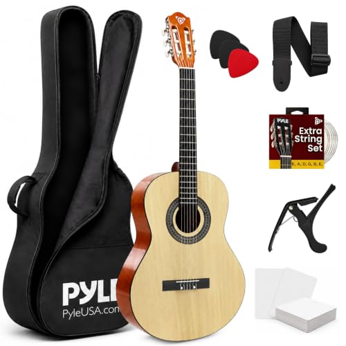 Pyle Left Handed Beginner Acoustic Guitar, Junior Size 76 cm, All Wood Build Nylon String with Capo Strap, Extra String Set, and Gig Bag Acoustic, For Kids Adults Youth Classical Kit Natural Gloss