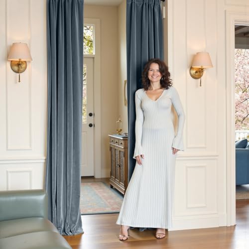 Image of Dark Slate Velvet Curtains Rod Pocket 42x120 Inch 2 Panels | Soft Velvet, For Tall Windows & High Ceilings, Light Shifting Texture, Elegant Luxury Drape, Serene, Fresh