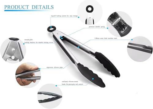 Yin-Yang Premium Kitchen Food Tongs, Silicone & Stainless Steel, Food Serving, Barbercue Salad Clips with Locking, Heat Resistant, Easy to Clean, Non Scratch Silicone, Set of 2 | White 9