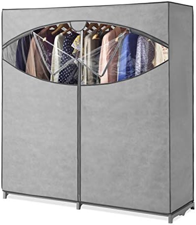 Whitmor Portable Wardrobe Clothes Storage Organizer Closet with Hanging Rack - Extra Wide -Grey Color - No-Tool Assembly - Extra Strong & Durable - 60" W x 19.5" D x 64" L - Not for Outside use