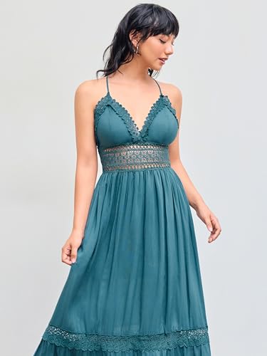 CIDER Maxi Dress for Women V Neck Solid Lace Trim Tiered Dress Beach Vacation Daily Casual High Waist4