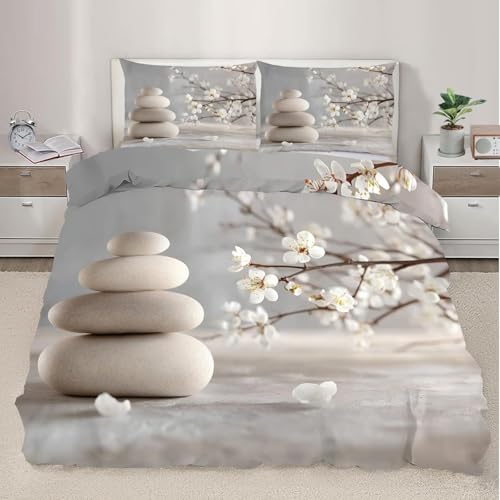 Housse de Couette 240 x 220 Adulte Pierres Zen Parure de lit 2 Personnes Jolies Fleurs 3D Douce Microfibre Literie Set 3 Pièces Fermeture Éclair avec 2 Taies...