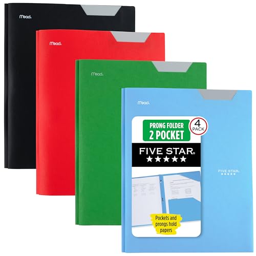 Image of Five Star 2-Pocket Plastic Folder with Stay-Put Tabs and Prong Fasteners, Holds 8.5 inch x 11 inch Paper, Assorted Colors, 4 Pack (340300A)