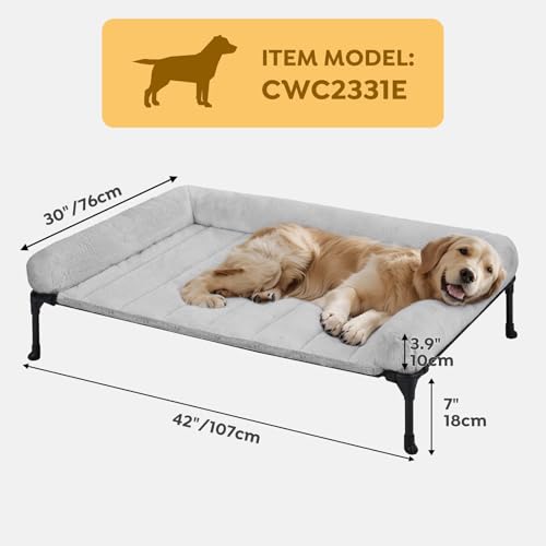 Veehoo Cooling Elevated Dog Bed with Fluffy Plush Bolster Cushion, Indoor Raised Dog Beds for Large Dogs, Soft Pet Sofa Cot with Removable Washable Mat, No-Slip Feet, 42 x 30 inches, Grey - Image 4