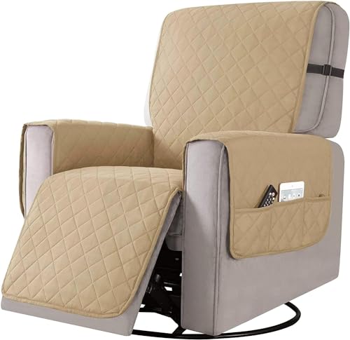 Liegesofa Sesselbezug, esselschoner Sesselauflage, Sesselschoner mit Taschen, Fernsehsessel Schutzbezug Anti-Rutsch für Zuhause mit Kindern und Haustieren Hund (Khaki, Klein)