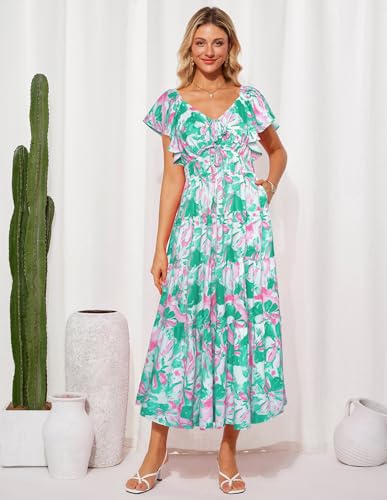 GRACE KARIN Womens 2025 Floral Summer V-Neck Ruffle Sleeve Empire Waist A-Line Casual Maxi Tiered Dress with Pockets3