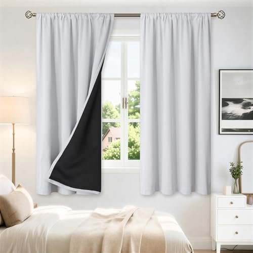 BGment Greyish White Thermal Insulated Blackout Curtains for Bedroom, 100% Black Out Curtains Noise Reduce Light Blocking Winter Curtains, Each Panel 52 x 63 Inch