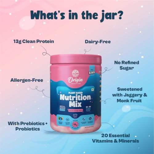 Image of Origin Kids Plant-Based Nutrition Mix | Age 13+ | 13g Clean Protein | No Refined Sugar I 20 Essential Vitamins and Minerals | Prebiotics and Probiotics I Supports Growth, Energy, Immunity & Eye Health I Allergen-Free I Cotton Candy Swirl I 11 servings