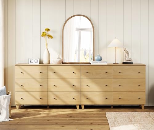 Image of WAMPAT Bedroom Dresser with 12 Drawers, Modern Chest of Drawers with Black Knobs, 94.4 Inch Wide Oak Wood Finish Storage Organizer for Kids Room, Living Room, Nursery
