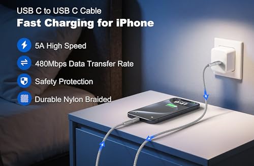 Image of USB C to USB C Cable (6FT, 2Pack) 240W Type C Charger Fast Charging Cord Braided USBC Cables for iPhone 17 Pro Max, 16 15, iPad Pro /Air /10, MacBook, Samsung S25 /S24, Laptops - Silver
