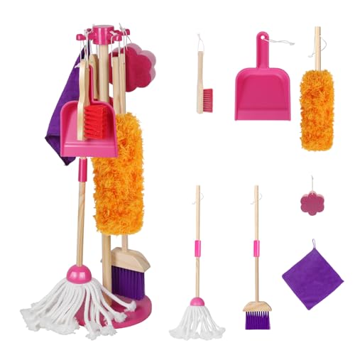 Image of Masthome Wooden Kid Cleaning Set, 8-Pieces Cleaning Toys, Includes Broom, Dustpan, Brush, Mop, Duster, Sponge, Rag and Hanging Stand, Skill Developmental Pretend Play Kit for Toddlers, Children