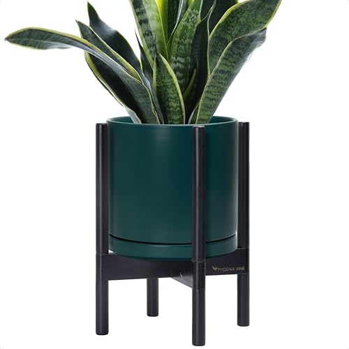 D'vine Dev Ceramic Pot with Ebony Wood Stand, Teal, 10 in, 55-B-L-4