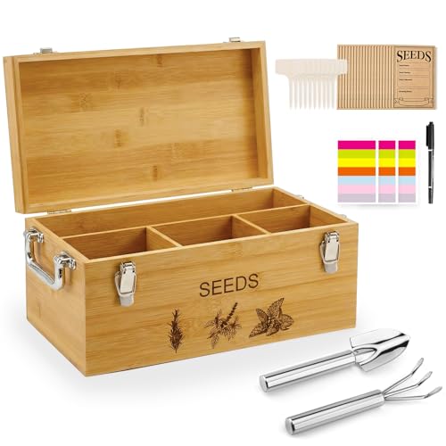 hasumcol Natural Bamboo Seed Storage Organizer Box – Large Seeds Saver Kit Included Stainless Steel Garden Tools, 20 Seed Envelopes, 10 Wooden Plant Labels, Mark Pen & 3 Color Stickers