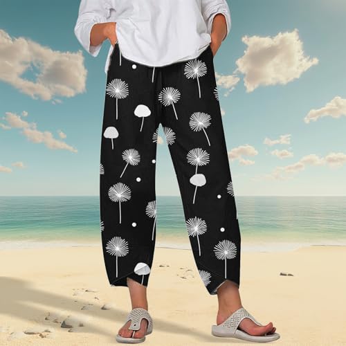 Image of DMOYALA Linen Pants for Women Summer Casual Wide Leg Capri Pants Loose Fit Palazzo Pants Cropped Beach Pants with Pockets