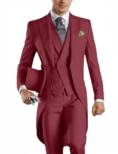 Mens Formal Suits for Wedding 3 Piece Slim Fit Swallow Tail Coat Suits Long Blazer Vest Pants Suit Set Banquet Party