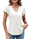 LOMON Womens Summer Tops Dressy Casual Flutter Sleeve T-Shirts Ladies Trendy Ruffle Short Sleeve Loose V-Neck Tunic Blusas Casuales de Mujer Bonitas (White,X-Large)