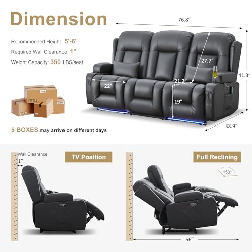 Image of URRED Power Loveseat Recliner Sofa with Massage and Heat, Wall Hugger Reclining Loveseat with Console, RV Couch Home Theater Seating with LED Lights for Living Room (Ash Gray, 76.8 inch - 3 Seats)