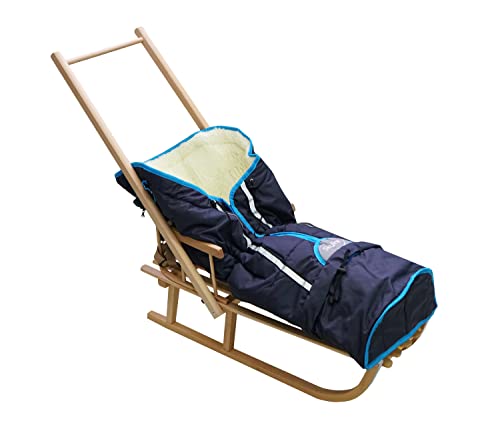 Skyline Holzschlitten für Kinder mit Rückenlehne Rodelschlitten Davoser Schlitten aus Holz mit einem Sicherheitsgurt Pusher