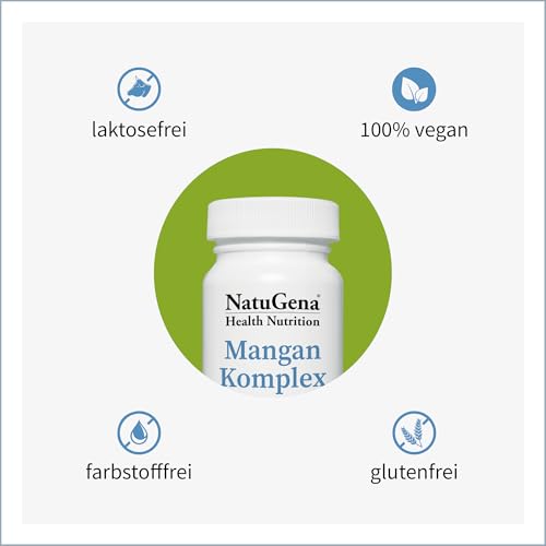 NatuGena Mangan-Komplex, Gluconat, Bisglycinat, Citrat, trägt zu einem gesunden Energiestoffwechsel bei, 120 Kapseln (120 Tage Packung)