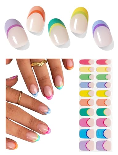 Wahrshei Semi Cured Gel Nail Strips, Spring Rainbow, 20pcs Macaron French Gel Nail Stickers Work with UV, Easy to Use and Remove
