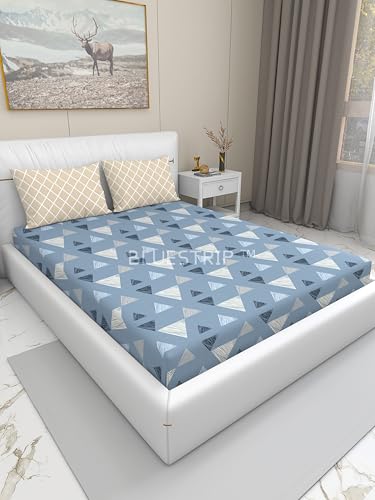 Image of Blue Strip 300 TC Cotton Feel Glace Cotton Flat Printed Queen Size Double Bed Bedsheet with 2 Pillow Covers,Size- 90 x 100 Inches