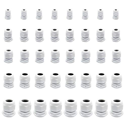 FUJIE 40 Pcs Conector de Prensaestopas Impermeable de Plastico Gland Conectores de Cables Blanco- M12, M16, M18, M20, M25 Cover
