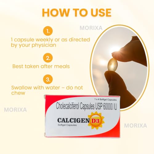 Image of MORIXA Calcigenn D3 Capsule | Cholecalciferol 60000 IU Vitamin D3 Supplement | Softgel Capsules | 4x5 Strips (20 Capsules)