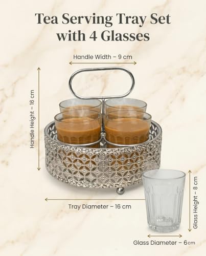 Image of Tea Glass Set with Metal Stand | Set of 4 Cutting Chai Glasses 120ml | Designer Steel Holder Tray for Tea Coffee Serving | Home Kitchen Cafe Use (Silver)