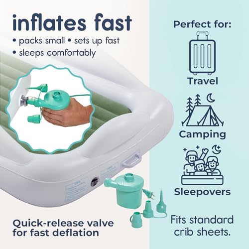 Image of Hiccapop Inflatable Toddler Travel Bed with Safety Bumpers [4-Sided], Portable Toddler Bed for Kids, Toddler Air Mattress, Kids Air Mattress - Sage Green