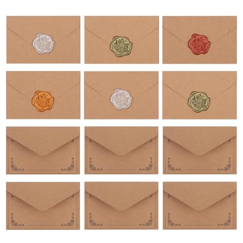 メッセージカード 感謝カード ミニサイズ グリーティングカード 挨拶 封筒茶色 シーリングワックス シール4色 レトロ風 結婚式 招待状 誕生日 合計72点 24枚セット (レトロ)