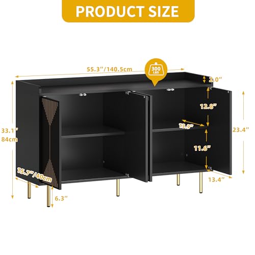 DWVO 55" Kitchen Storage Cabinet with Carved Design Door, Adjustable Shelves, Modern Sideboard Buffet Cabinet with Storage for Hallway, Kitchen or Living Room, Black
