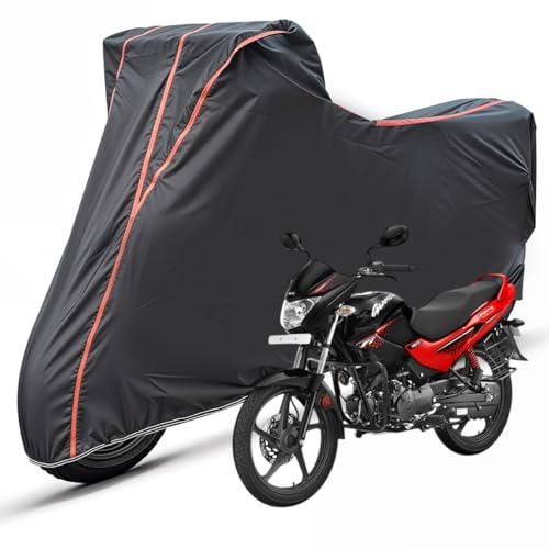 Image of Two Wheelers Bike Body Cover Compatible for Hero Glamour FI, UV Resistant, Dustproof, Triple Stitched, Elastic Bottom, Red Piping Motorcycle Cover (Black, Pack of 1)