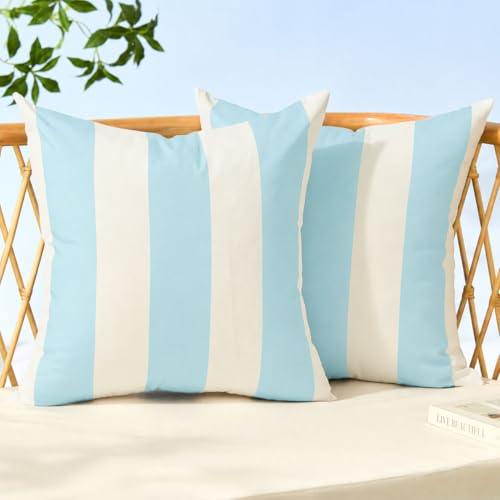 Image of Allorry Outdoor Pillow Covers 20x20 Set of 2 Light Blue Striped Decoration Throw Pillow Covers for Spring Summer Outdoor Waterproof Garden Patio Furniture Sofa Bed Home Decor JB007-O20
