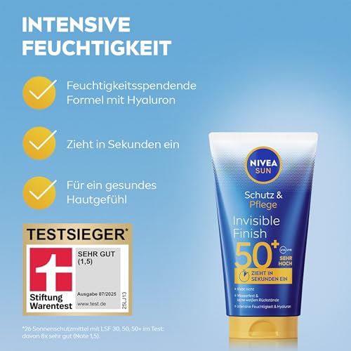 NIVEA SUN Schutz & Pflege Invisible Finish LSF 50+, wasserfester Sonnenschutz mit Hyaluron, schnell einziehende Sonnencreme für intensive Feuchtigkeit ohne weiße Rückstände (150 ml) 4