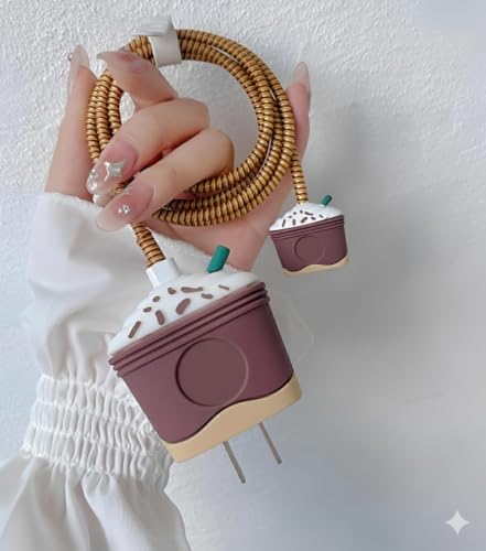 Image of skysia Charger & Cable Protector for iPhone (18W-20W) - 3D Cute Pattern Full Protection Cover, Data Line Wire Saver, 4-in-1 Set for Adapter & Lightning Cable (Multicolored, StrBucks Brown, Pack of 1)