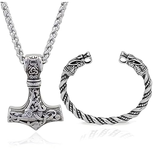 FJTNSQXSZ 2pcs Viking Thors Hammer Pendant Necklace Set for Men and Women with 60cm Silver Steel Dragonbone Chain for Men Rune Amulet Jewelry Viking Men Gift (silver)