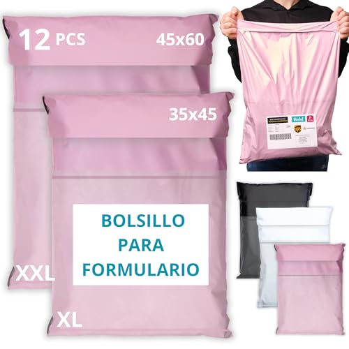 EMBALLAX - 12 Sacos de envio vintage - com bolsa para barra - 2 tamanhos XL/XXL - 100 % opaco/ultra resistente/IMPERMEABLE - envelopes de plástico - sacos de envio pacotes - caixas de envio pacotes