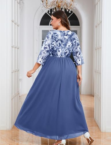 Image of ZOMVA Plus Size Maxi Formal Dress Lace Chiffon Floral V-Neck Wrap Wedding Guest Evening Gown Cocktail Prom 3 /4 Sleeves