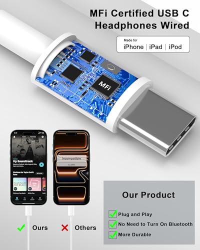 Image of [Apple MFi Certified] USB C Headphones Wired for iPhone 17 16 15 Pro Max | USB C Earphones /Earbuds with Mic & Remote Control Noise Cancelling Type C Ear Buds for iPhone 17 16 15 Pro Max, Galaxy S26