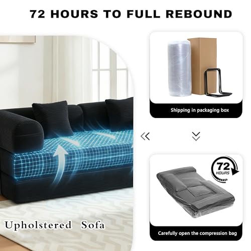 Image of 80 Inch Multi-Functional Convertible Sofa Bed, Fixed Shape Frame, High Density Foam with Corduroy, Easy Assembly, for Living Room and Bedroom. (Black)