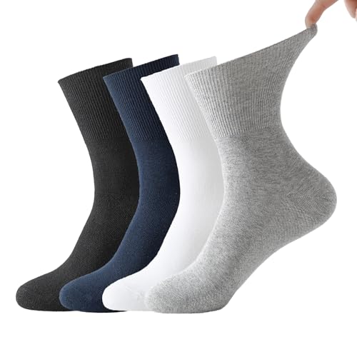 Cotton Diabetic Socks for Men 7-11 | 4 Pairs | Wide Non Binding Ankle Socks Quarter Length | Edema Neuropathy Socks | Black,Blue, White,Gray
