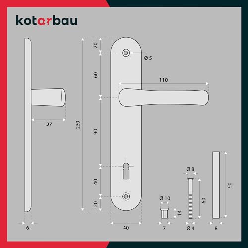 KOTARBAU Türgriff 90 mm Rechts Links Buntbartschloss Weiß Türgarnitur Türbeschlag Türdrücker Türklinke Drückergarnitur Zimmertür Langschild Alu