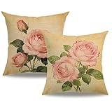 7COLORROOM Decorative Romantic Rose Flower Pillow Cover Vintage Shabby Chic Peach Pink Rose Floral Cushion Cover Square Cotton Linen Pillowcase for Sofa Bedroom Car 18x18 Inch Set of 2 (Pink Rose)
