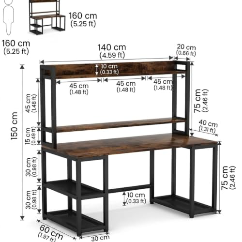 Image of Office Desk with Storage Shelves 140cm, Computer Desk with Bookshelf & Side Racks, Metal Frame Study Table for Home Office|Rustic Brown Color (140 x 60 x 150 CM) |DIY