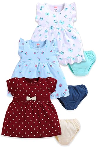 Image of LuvLap Baby Girls Regular Fit 100% Cotton Half Sleeve Girls Knee Length Frock Pack of 3