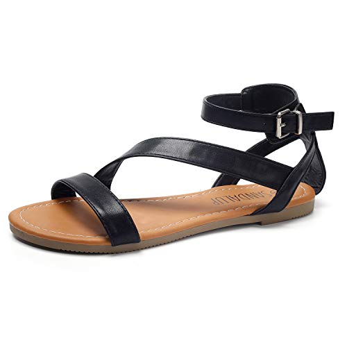SANDALUP Flat Sandals with Oblique Band Ankle Strap for Women Black 08