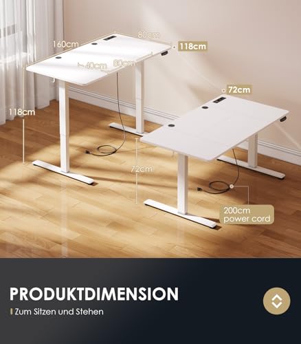 OffiGo Höhenverstellbarer Schreibtisch, 160x80cm Elektrischer Schreibtisch mit Steckdosen und USB Ladeanschluss, Tisch Höhenverstellbar mit 2 Memory Funktion, Computertisch für Büro, Zuhause, Weiß